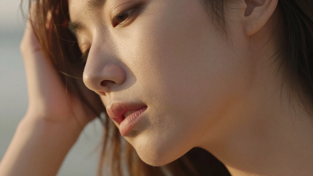 Close-up portrait with ideal head tilt and nose alignment, soft lighting highlighting jawline.