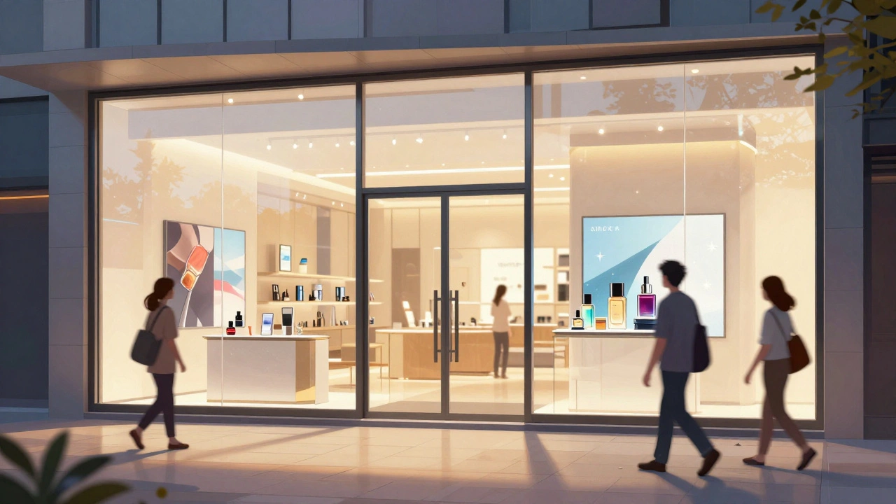 Commercial storefront with anti-glare film enhancing product visibility and reducing reflections on glass.