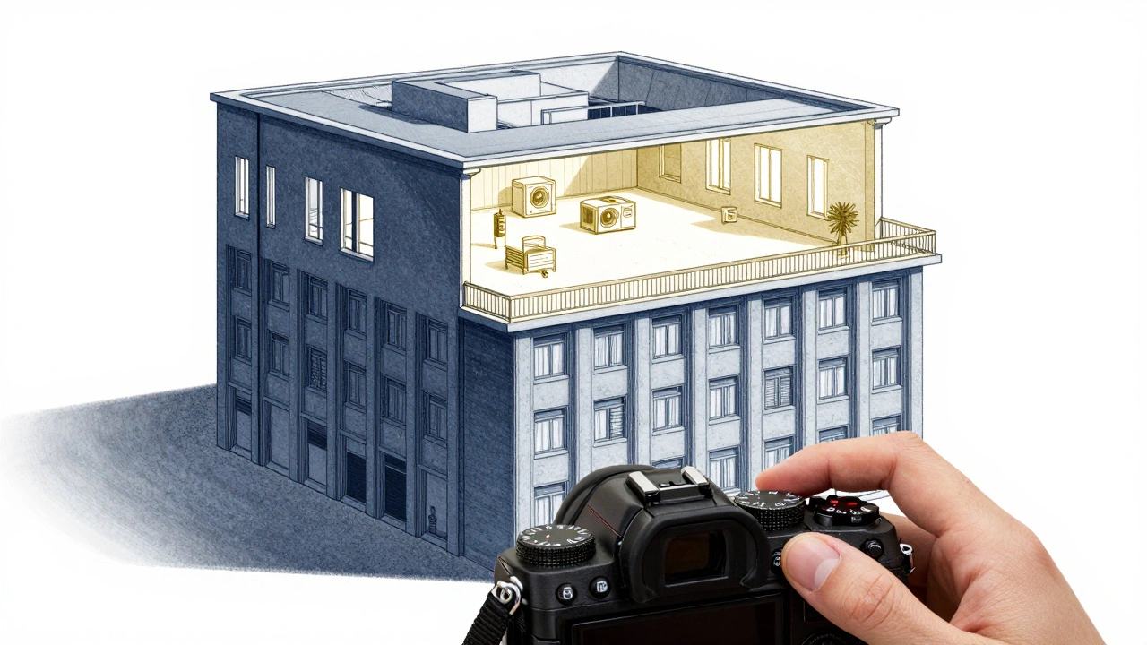 Conceptual diagram of a sensor as a building, showing shadows in the basement and data-rich highlights in the penthouse, with a camera in foreground.