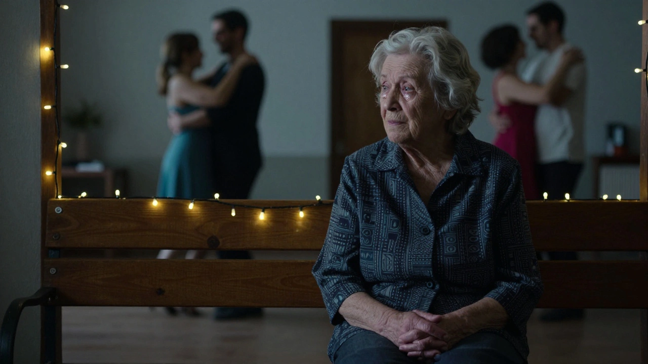 Elderly grandmother watching the dance, alone on a bench, soft twilight lighting.