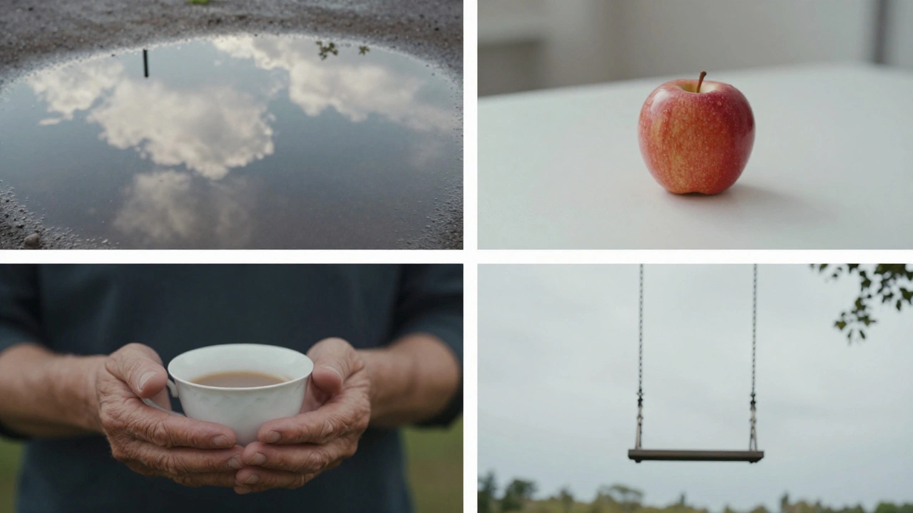 Four minimalist photographic compositions: reflection, red apple, hands, empty swing.
