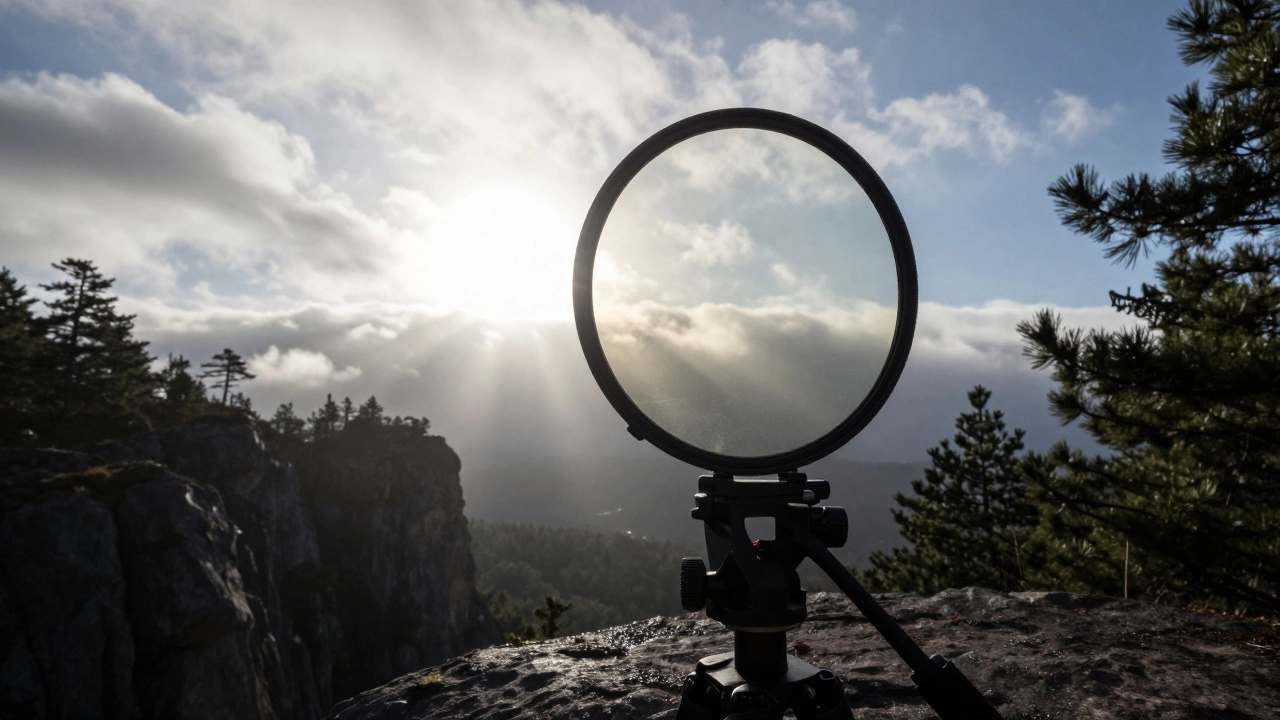 Graduated ND filter balancing bright sky and dark foreground over mountains and trees at dawn.