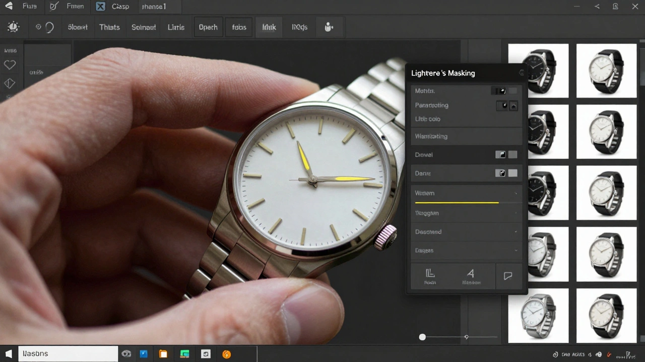 Hand adjusting Lightroom Masking slider to apply sharpening only to edges of a metal watch, with visual overlay.