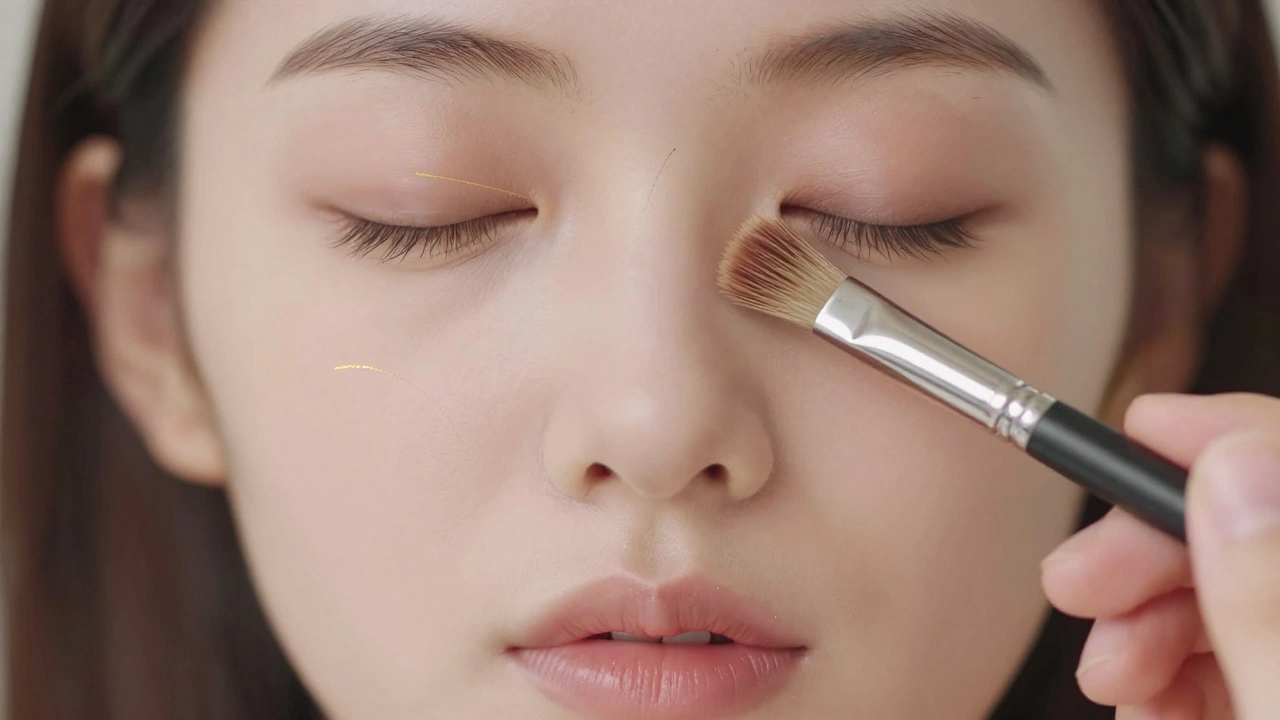 Hand brushing fine detail only onto eyes and lips of a portrait, while skin remains softly blurred under warm light.