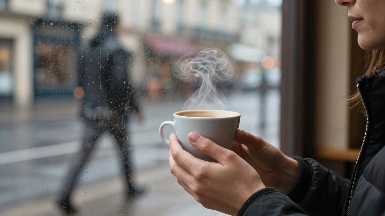 Hands hold a steaming cup by a rain-streaked café window, blurred figures passing outside.
