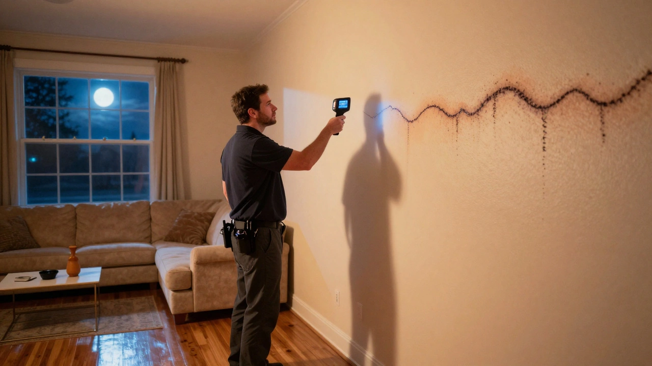 Home inspector identifying cold air leaks in a wall using a thermal imaging device in a dimly lit room.