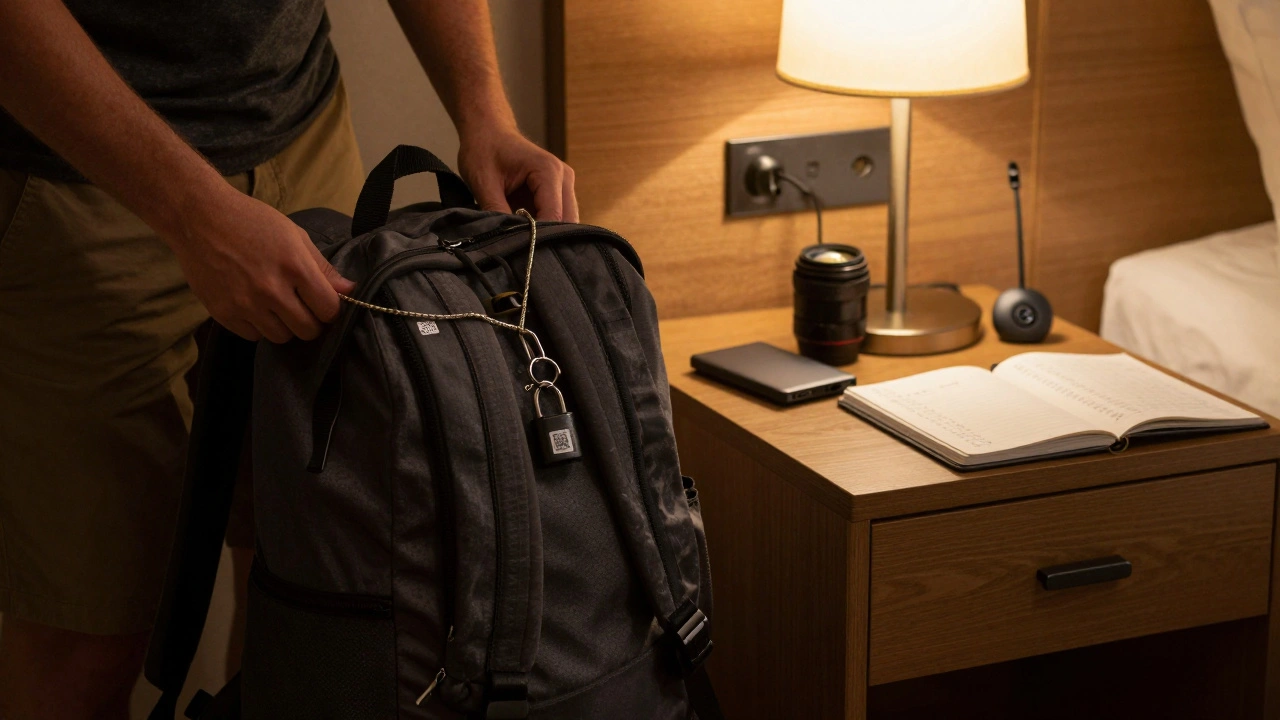 Hotel room with camera gear locked to desk, QR code and SSD visible for security and backup.