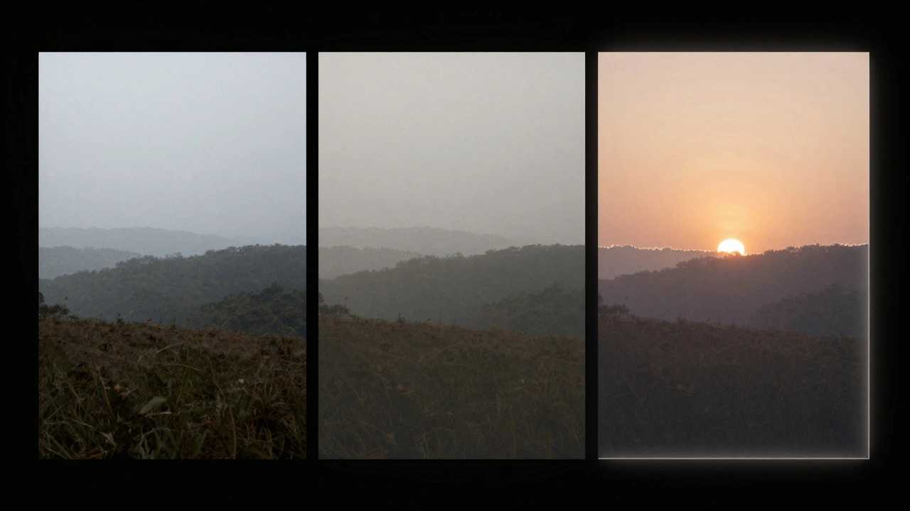 Layered photo editing process showing foggy landscape transforming into sharply defined horizon with subtle midtone contrast.