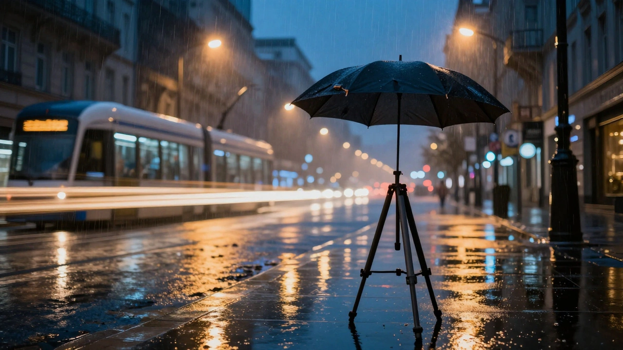 Nighttime rain streaks light into glowing trails above reflective puddles in an urban street scene.