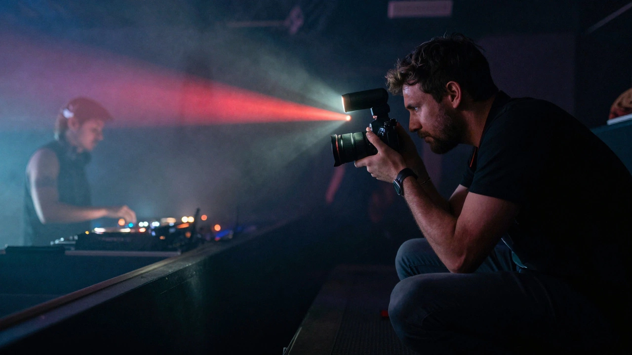 Photographer adjusting flash with infrared autofocus beam glowing in a dim club.