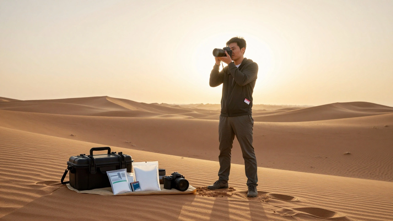Photographer on desert dune with hidden camera gear, using a simple backup camera for safety.