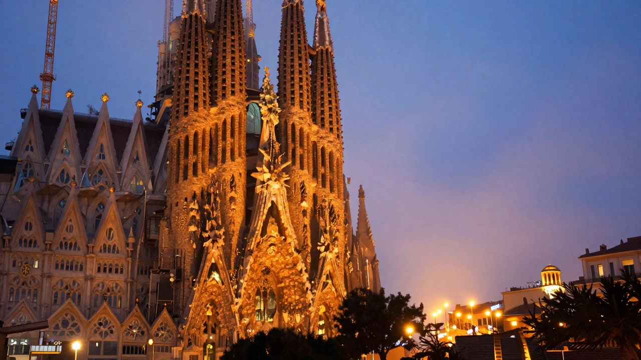 Sagrada Família illuminated at blue hour with warm lights against twilight sky.