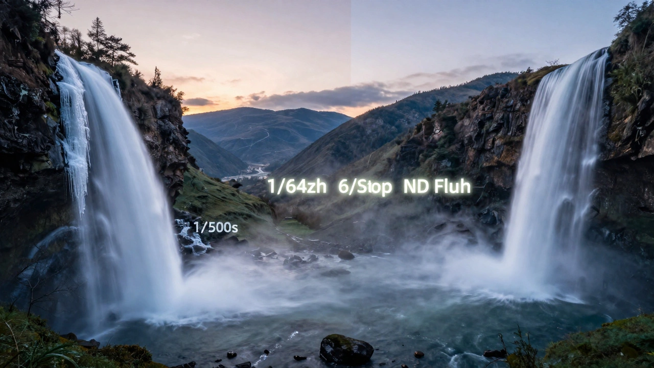 Side-by-side comparison of frozen and blurred waterfall, showing the effect of a 6-stop ND filter.