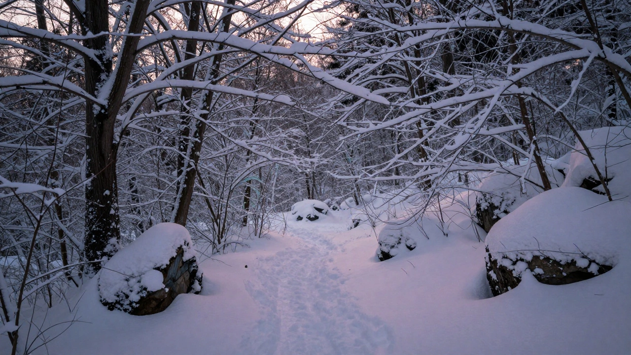 Snow-covered forest at dawn with cool shadows and subtle cyan tones enhancing natural depth.