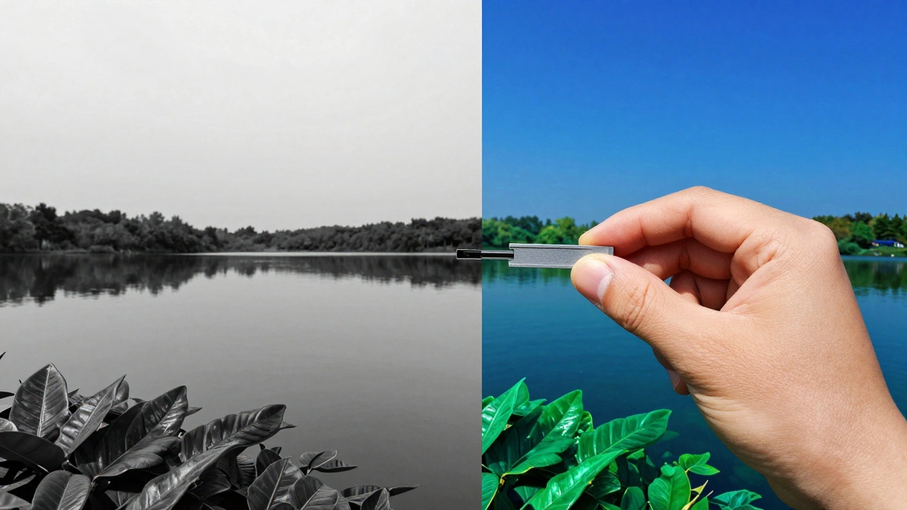 Split image showing a dull landscape on one side and a vibrant, polarized version on the other, with a filter in between.