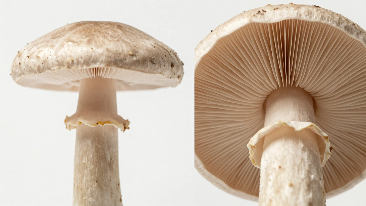 Split-screen showing a high-resolution crop of a mushroom cap, revealing fine detail from a non-macro shot.