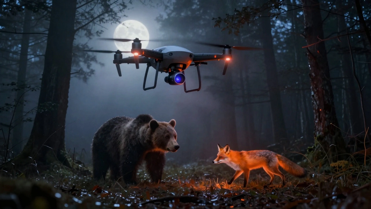Thermal drone detecting heat signatures of a bear and fox in a dark, misty forest at night.