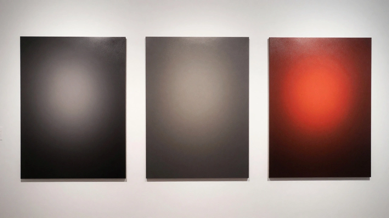 Three prints on gallery wall showing differences between glossy, matte, and metallic paper finishes.