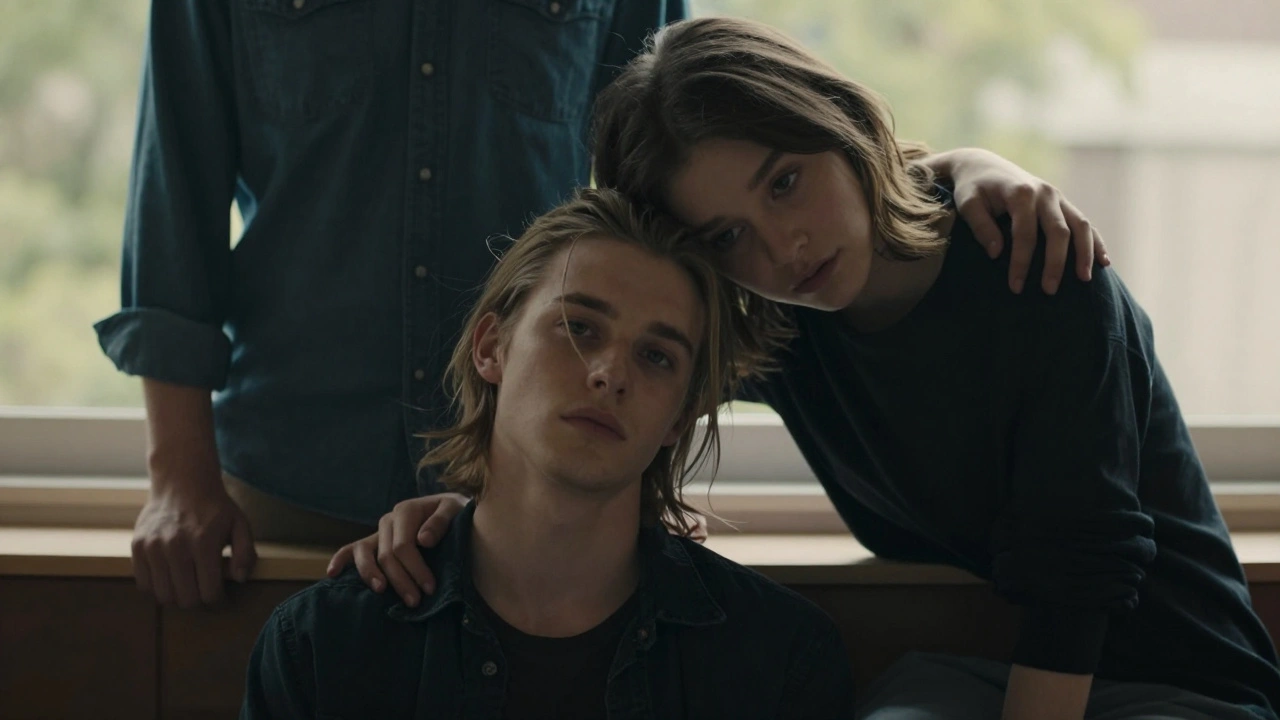 Two people in a relaxed group portrait with triangular positioning and natural connection.