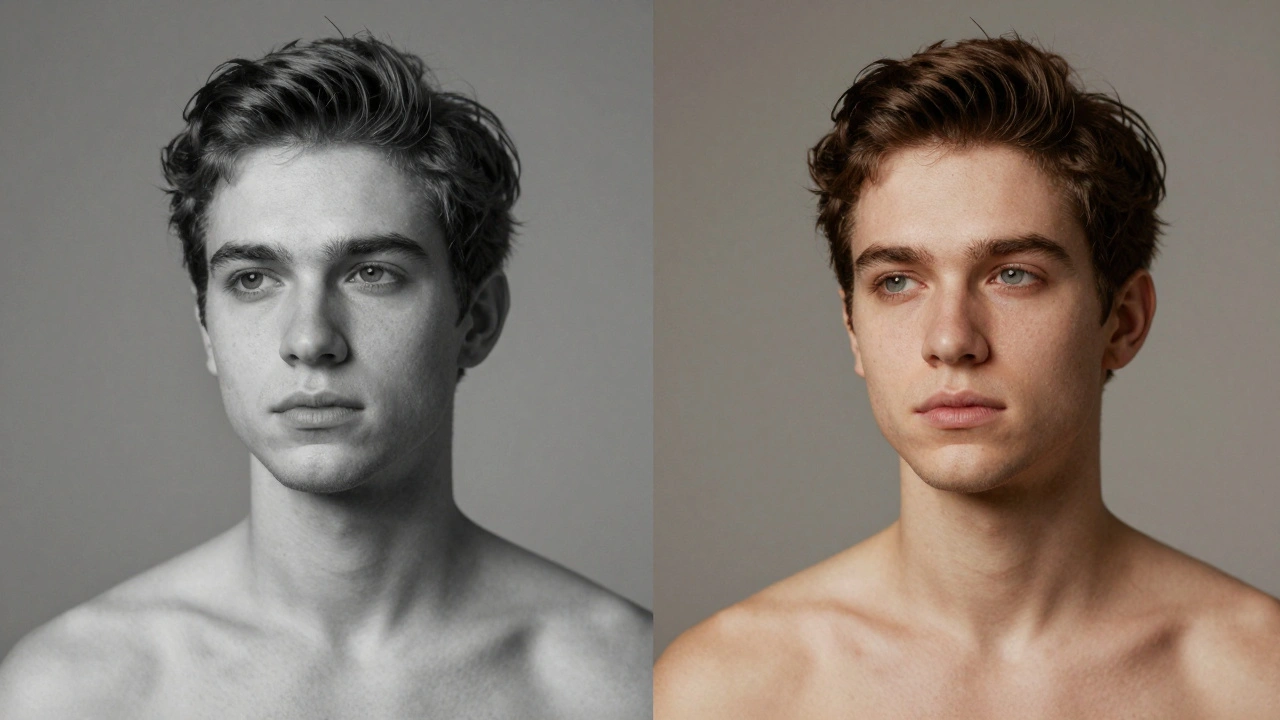 Two side-by-side portraits of the same person: one with inaccurate skin tones, one with true-to-life color under identical lighting.