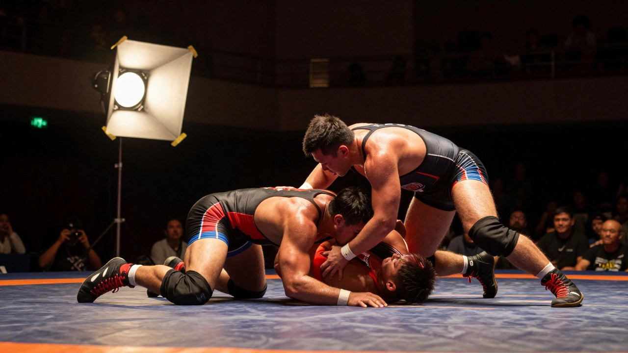 Wrestlers locked in combat under warm, low-angle flash with enhanced shadow detail.