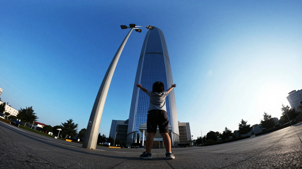 A child looking up at a towering lamppost from ground level, sky dominating the frame.