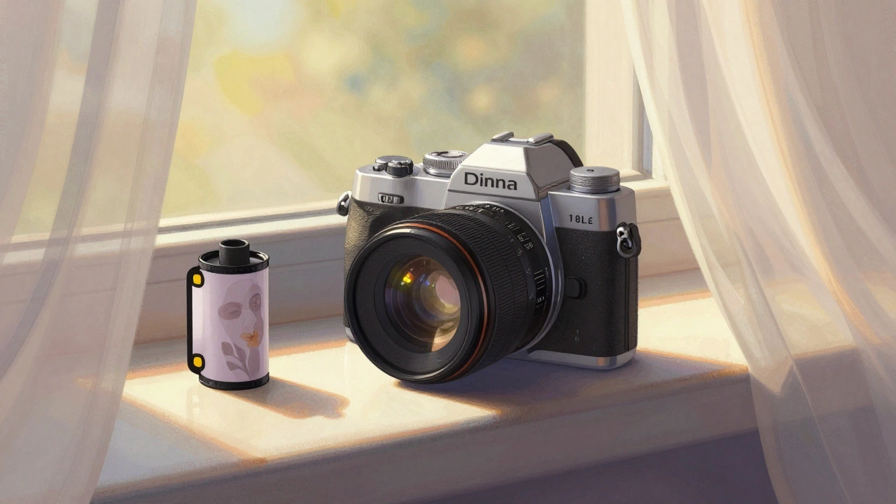 A Diana F+ camera on a windowsill at golden hour, soft vignetting and double exposure ghosts visible on a film roll beside it.