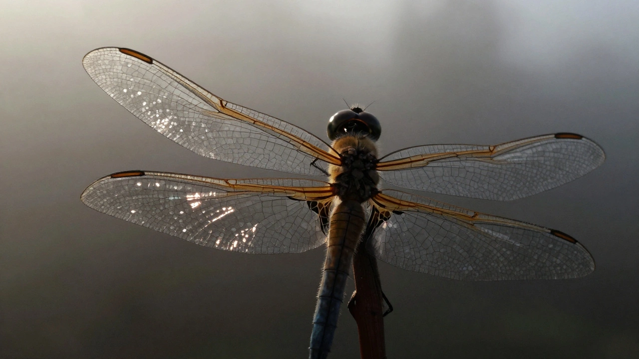 A dragonfly's wing illuminated by directional twin flash lighting, with dramatic shadows highlighting its texture and structure.