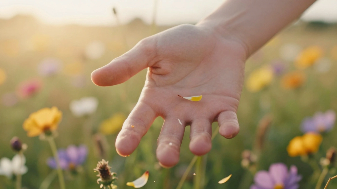 A hand merging with wildflowers in a soft-focus, in-camera multiple exposure.