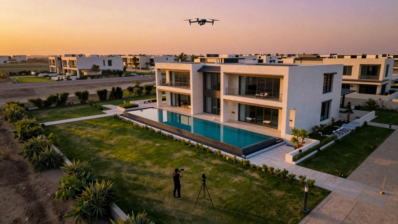 A luxury villa seen from above at golden hour, captured by a drone, showing expansive landscaping and modern architecture.