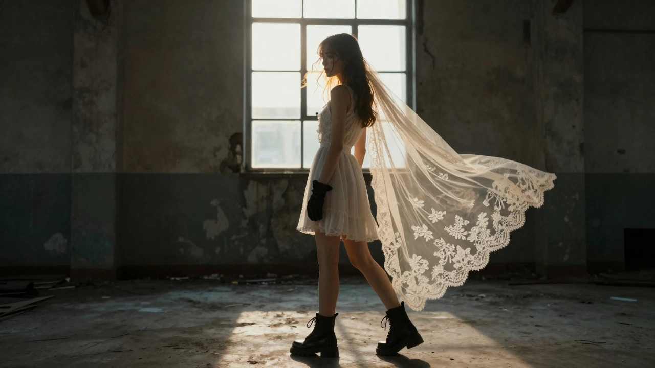 A model backlit in an abandoned warehouse, lace veil floating, combat boots, one glove half-off, golden glow.