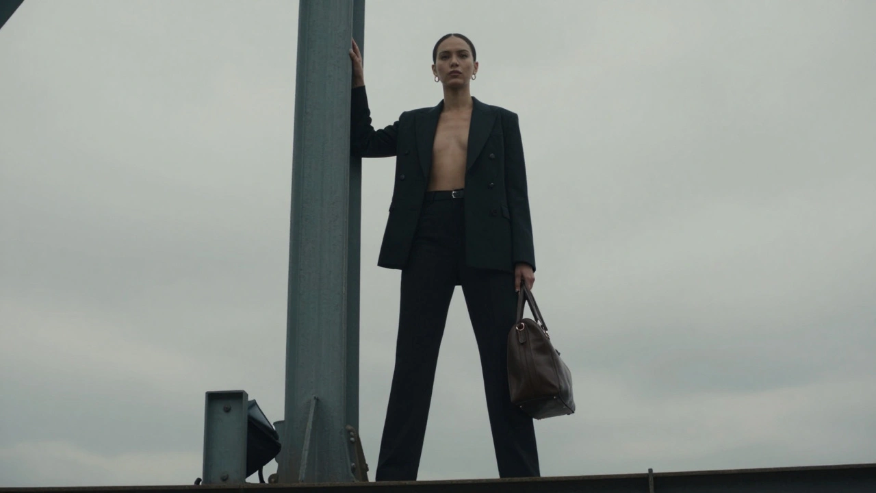 A model stands beside a steel beam, shot at mid-calf height, conveying strength and quiet isolation.