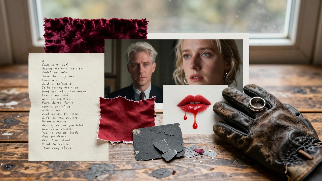 A mood board with fabric swatches, poetry, smudged makeup, and a silver ring under soft window light.