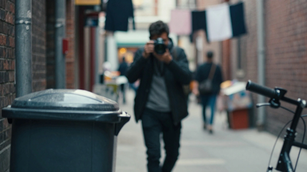 A person walking in a city alley, with blurred trash can and bike handlebars in front of the lens.