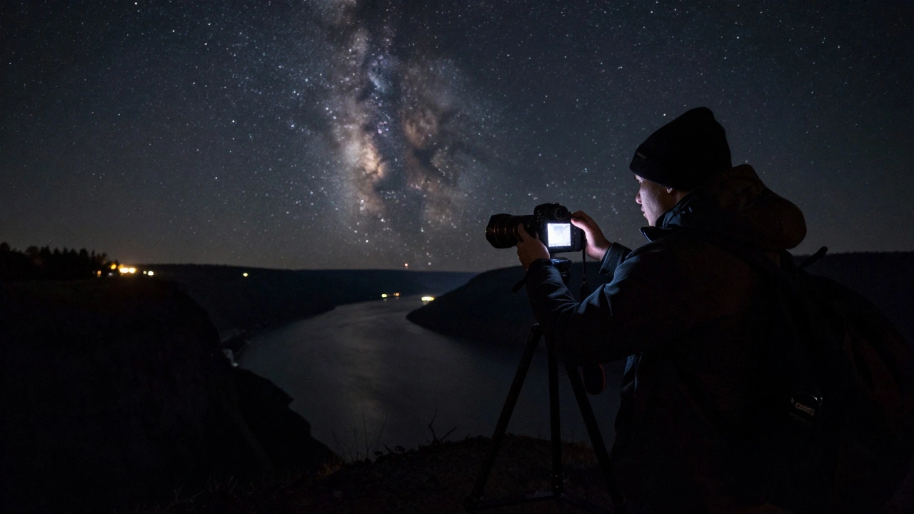 A photographer adjusting a camera on a cliff at night, capturing a starry sky with visible color noise in the shadows.