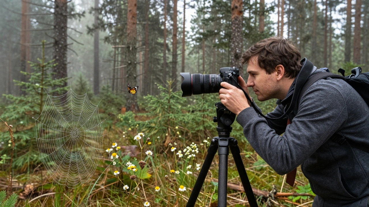 A photographer using a tripod to capture focus-stacked images of dew, a butterfly, and a forest at dawn.