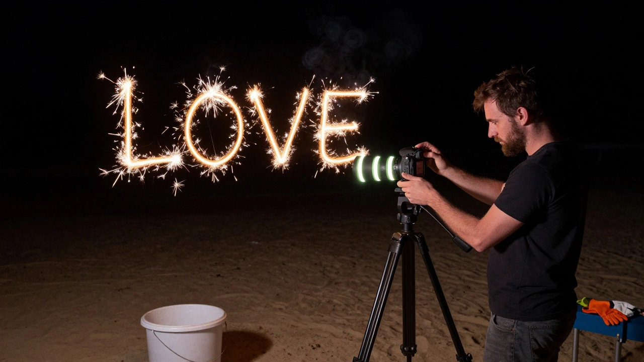 A photographer using a tripod to capture light-painted 'LOVE' with sparklers in complete darkness.
