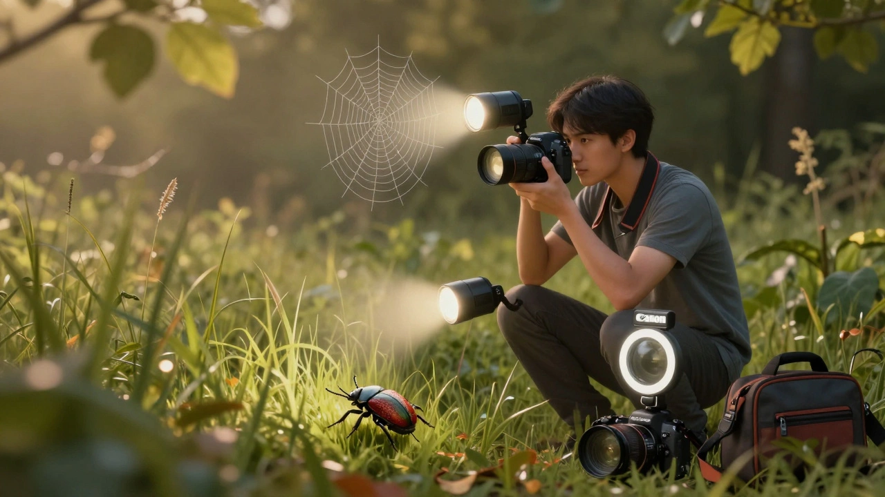 A photographer using a twin flash system with detached strobes to light a spiderweb and beetle from different angles.