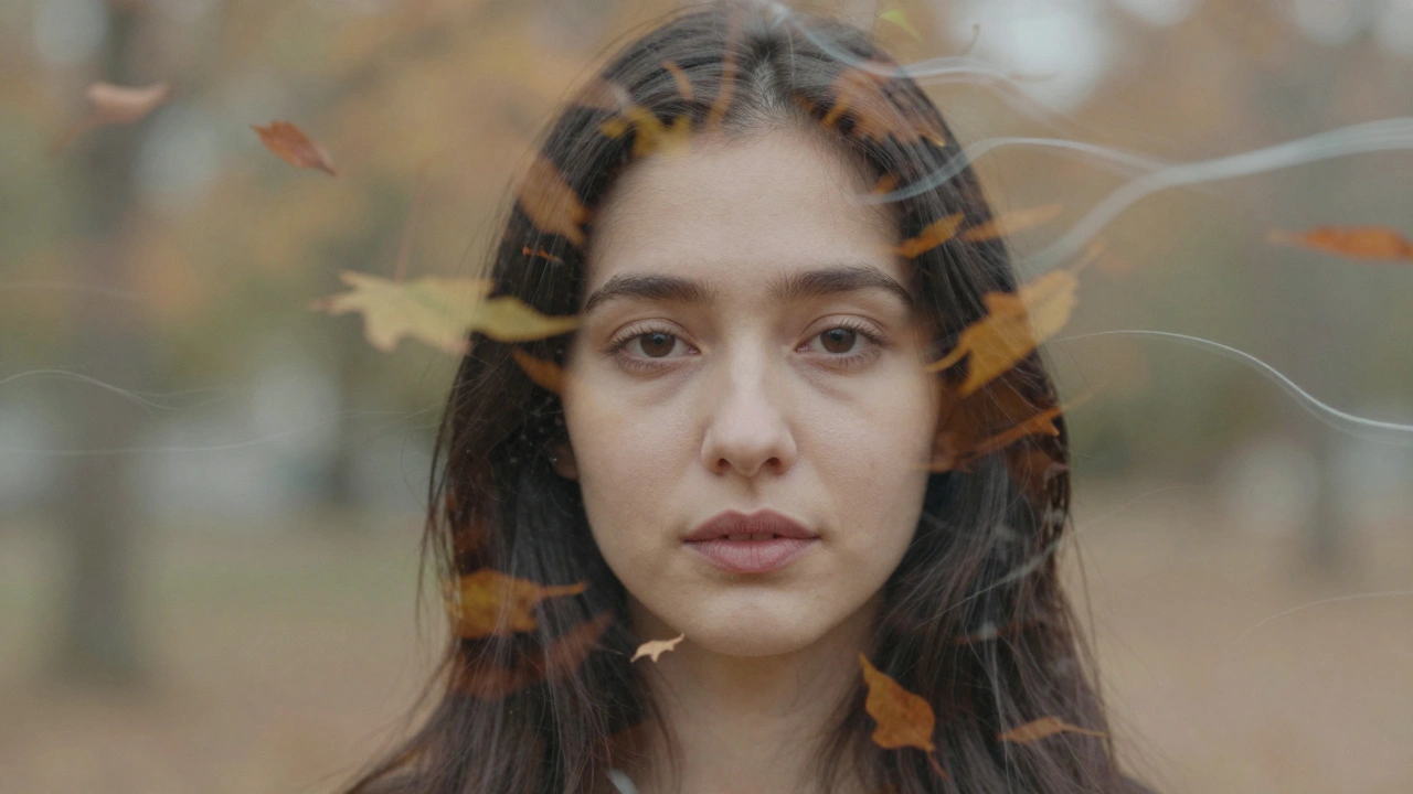 A portrait overlaid with autumn leaves and light trails, blending emotion and texture to create visual depth.