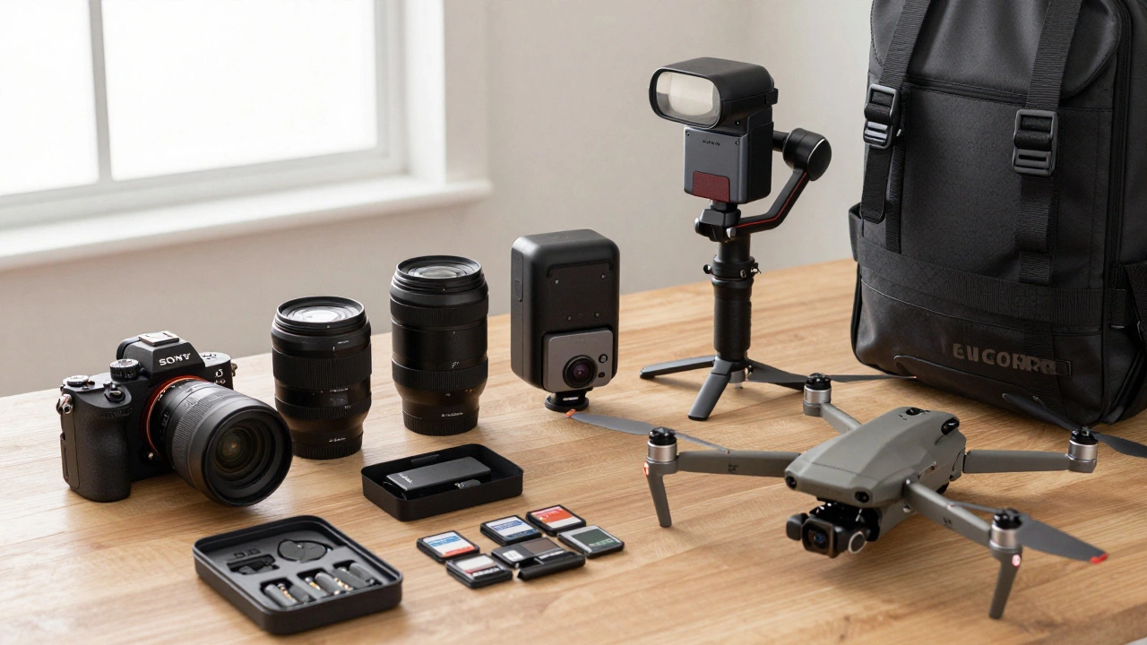 A professional real estate photography gear setup including cameras, lenses, flash, drone, 360 camera, and accessories on a wooden table.