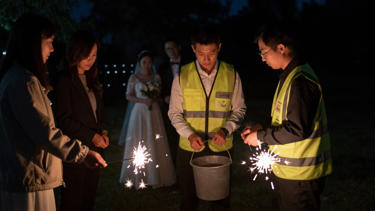 A safety coordinator holding a sand bucket while guiding guests on sparkler safety at a wedding.