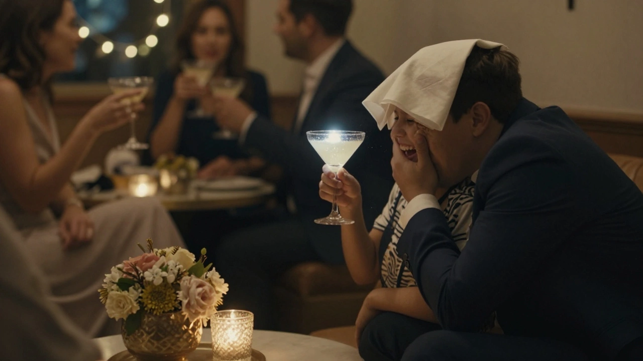 A second shooter photographing a child laughing during a wedding cocktail hour, surrounded by guests and string lights.