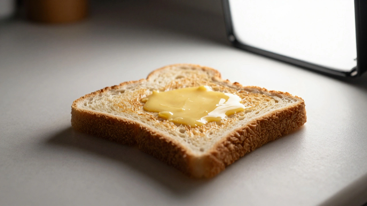 A slice of toast with melted butter, side-lit to highlight surface cracks and glossy sheen.