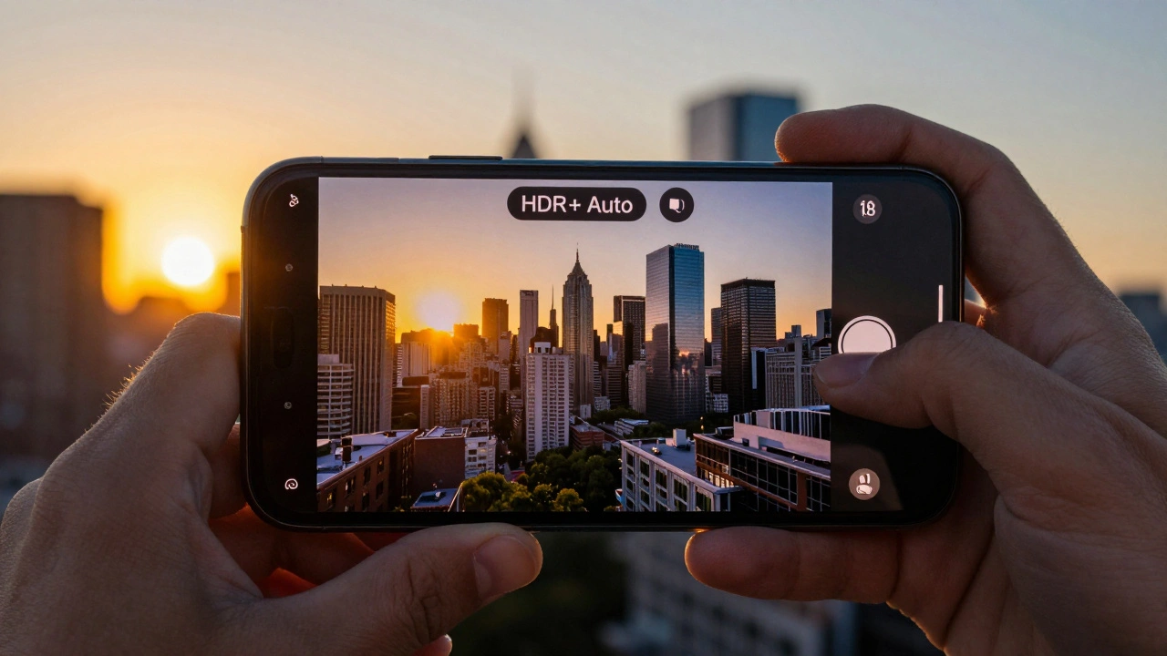 A smartphone showing a golden-hour city skyline in HDR, with low battery warning visible on screen.