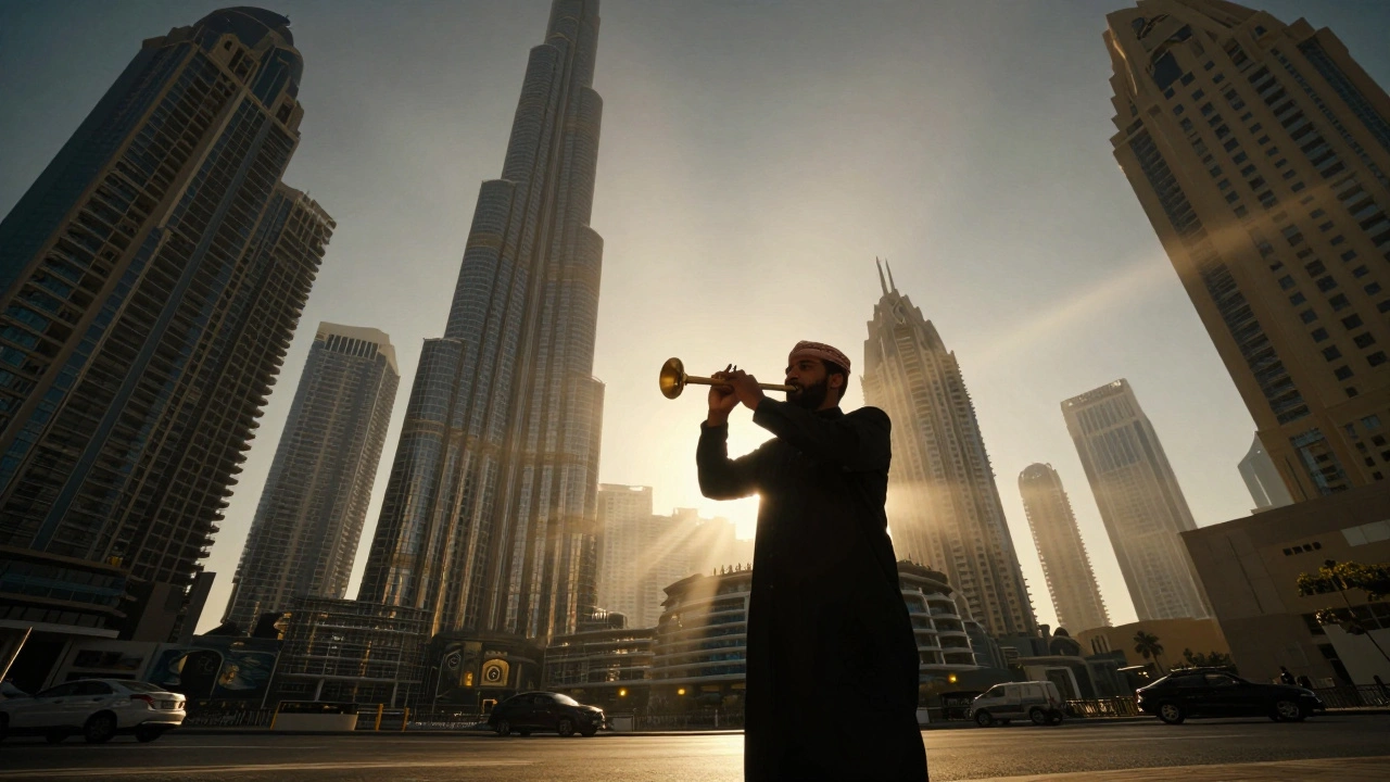A street musician portrayed heroically from below, with towering skyscrapers behind in golden light.
