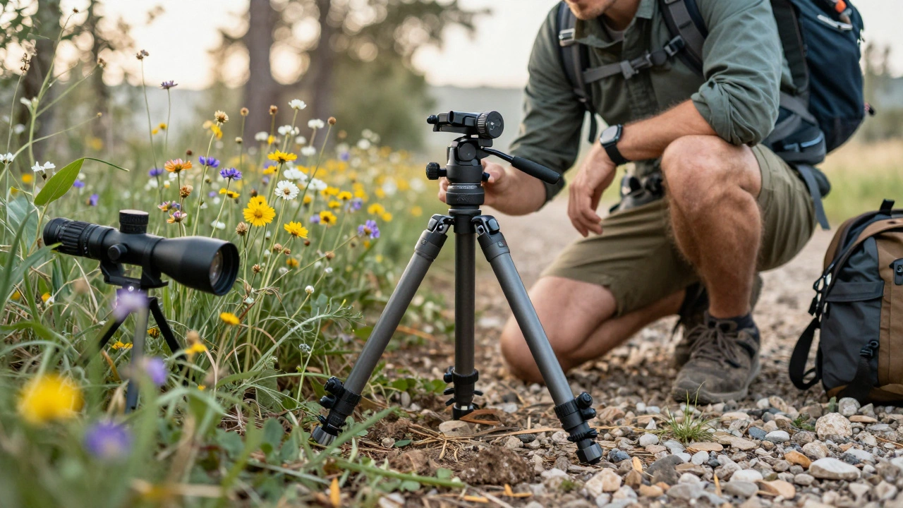 A traveler uses a tripod's inverted center column for a low-angle macro shot in nature.