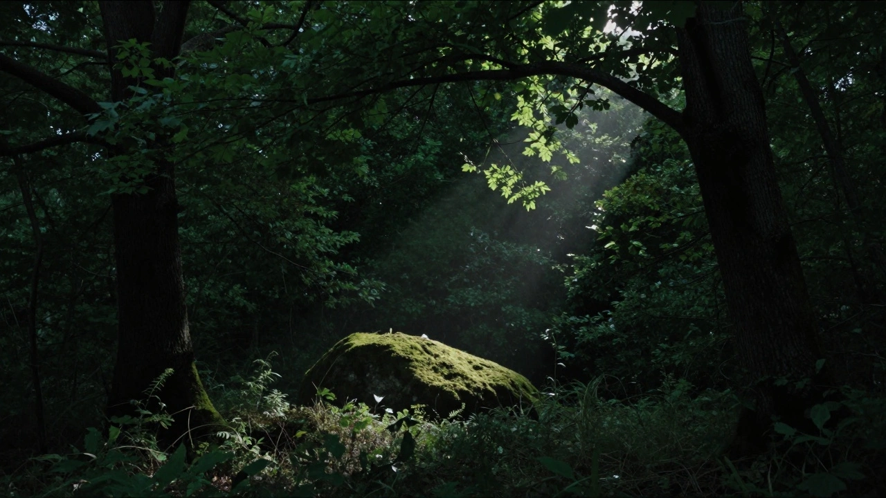 A twilight forest in shades of green and black, with a single beam of moonlight illuminating a mossy rock.