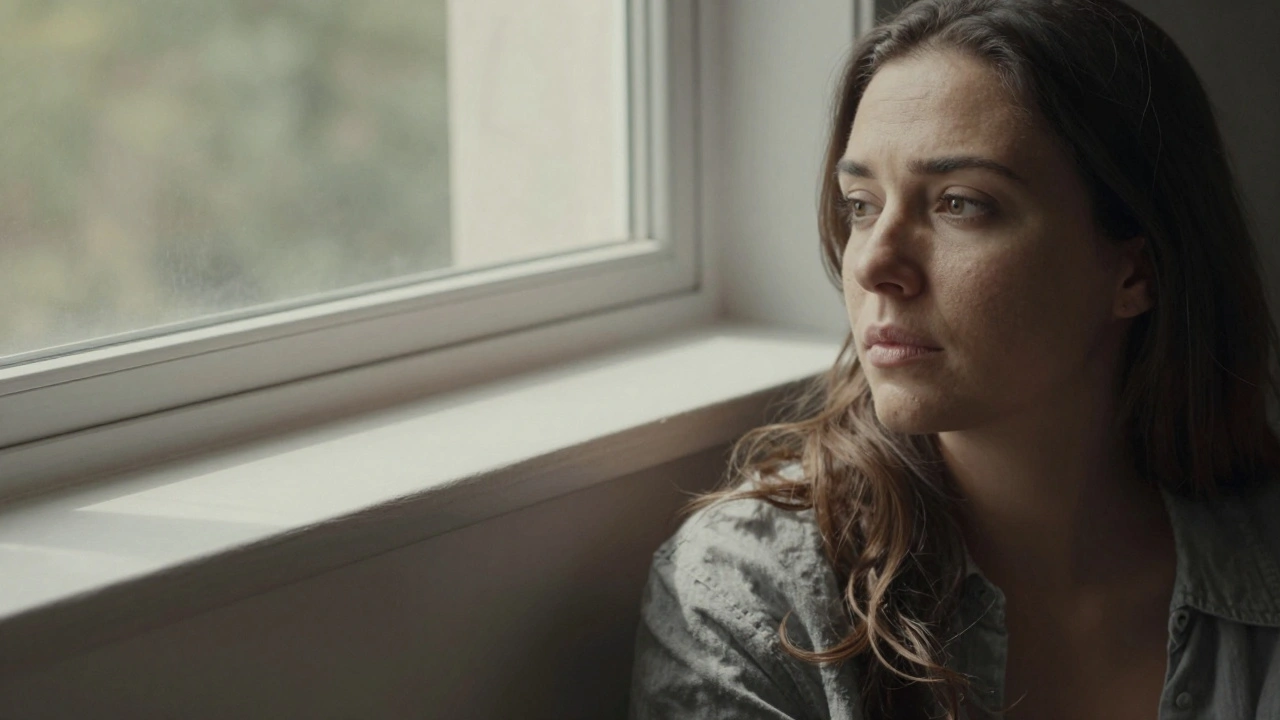 A woman beside a window with horizontal shadow lines leading to her face.