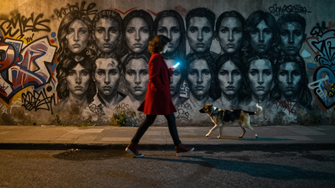 A woman in a red coat stops before a black-and-white graffiti wall, her phone glowing as a dog freezes beside her.