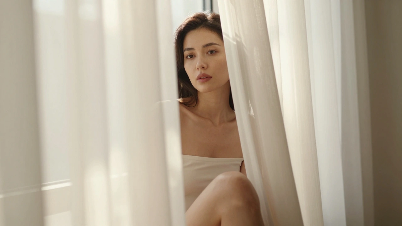 A woman portrait with a sheer curtain softly blurred between her and the camera, lit by window light.